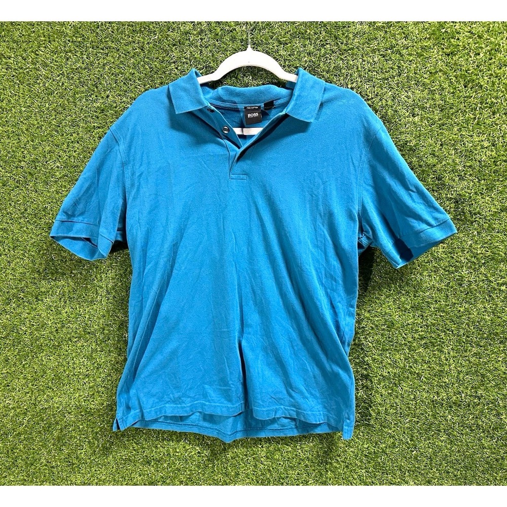 BOSS Hugo Boss Blue Pima Cotton Polo Shirt Solid Collared Short Sleeve Men's L